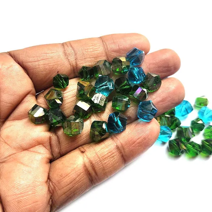 100 Pcs Pkg. Helix Cut Green and Turquoise color, size encluded 8mm and 10mm