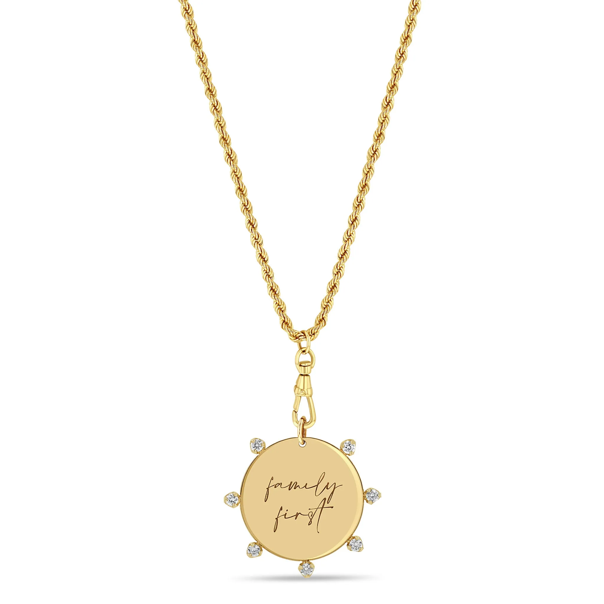 14k Medium family first Disc with Prong Diamonds Rope Chain Necklace