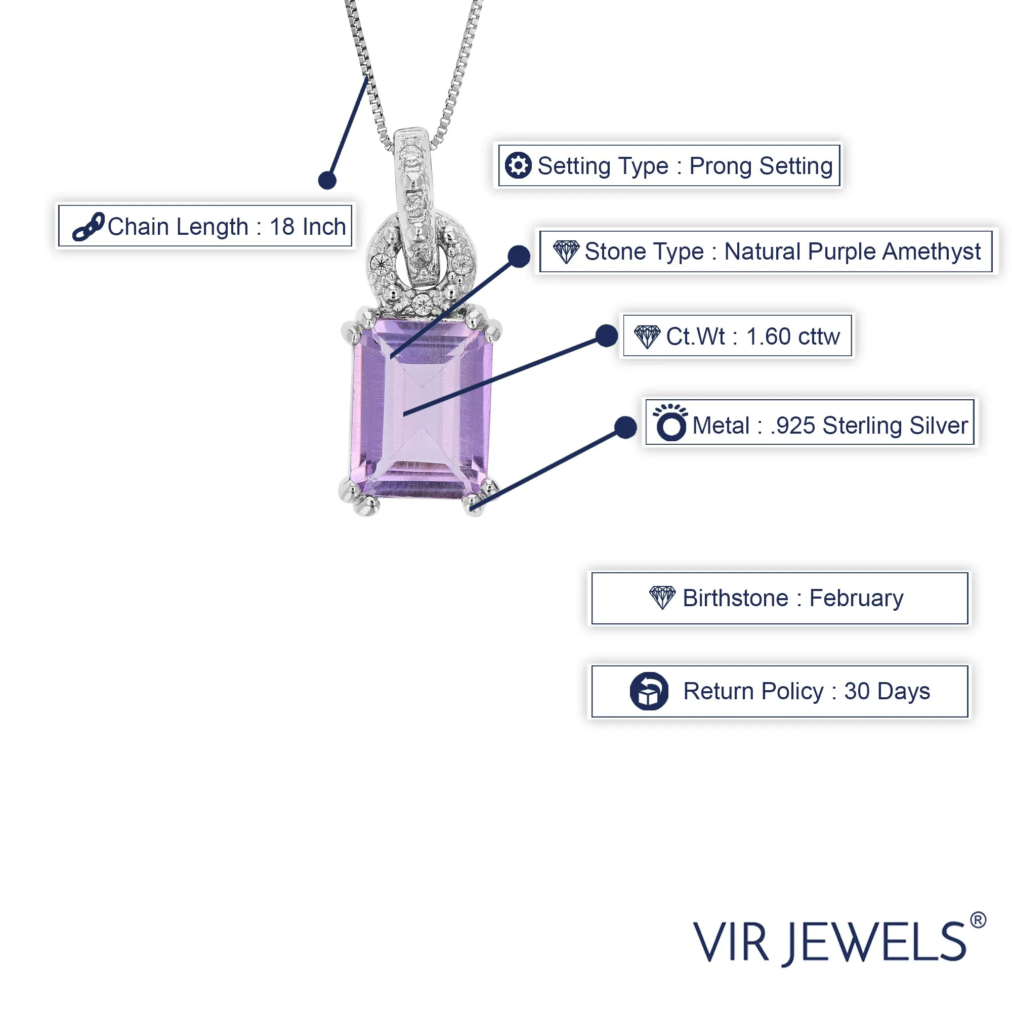 1.60 cttw Pendant Necklace, Purple Amethyst Emerald Shape Pendant Necklace for Women in .925 Sterling Silver with Rhodium, 18 Inch Chain, Prong Setting