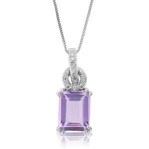 1.60 cttw Pendant Necklace, Purple Amethyst Emerald Shape Pendant Necklace for Women in .925 Sterling Silver with Rhodium, 18 Inch Chain, Prong Setting