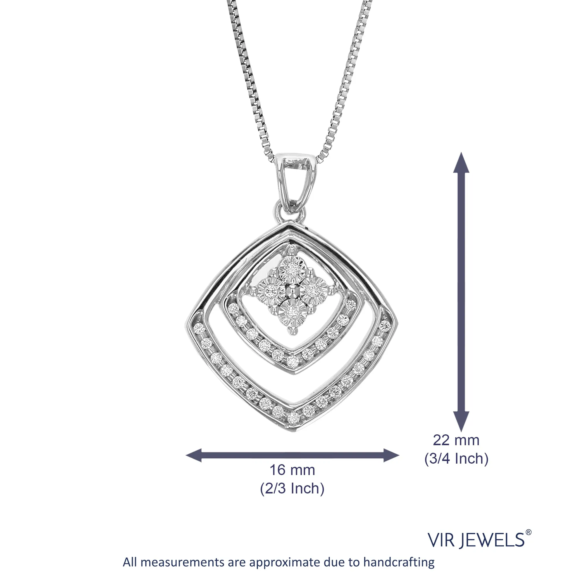 1/8 cttw Lab Grown Diamond Double Square Pendant Necklace .925 Sterling Silver 1/2 Inch with 18 Inch Chain