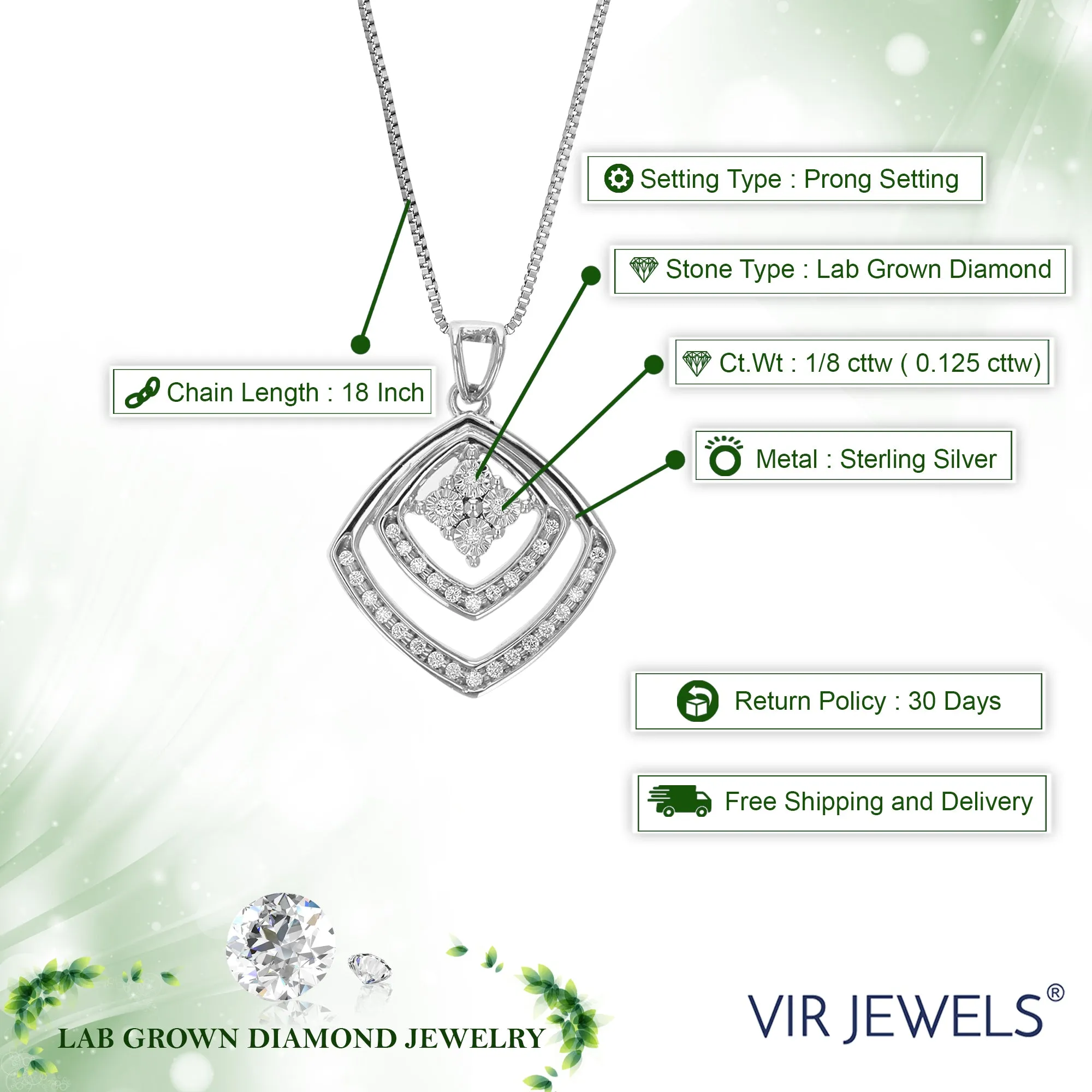 1/8 cttw Lab Grown Diamond Double Square Pendant Necklace .925 Sterling Silver 1/2 Inch with 18 Inch Chain