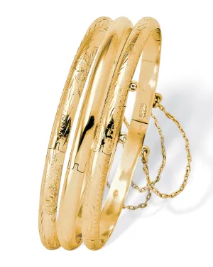 18k Gold-plated Silver 3-Piece Set of Etched and Polished Bangle Bracelets | Yellow