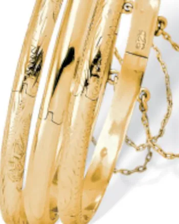 18k Gold-plated Silver 3-Piece Set of Etched and Polished Bangle Bracelets | Yellow