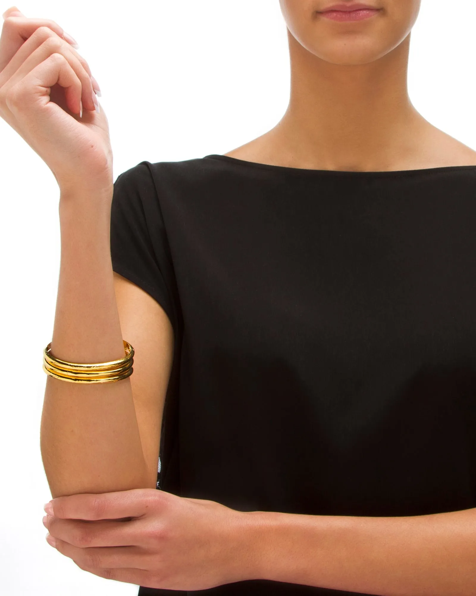 18k Gold-plated Silver 3-Piece Set of Etched and Polished Bangle Bracelets | Yellow