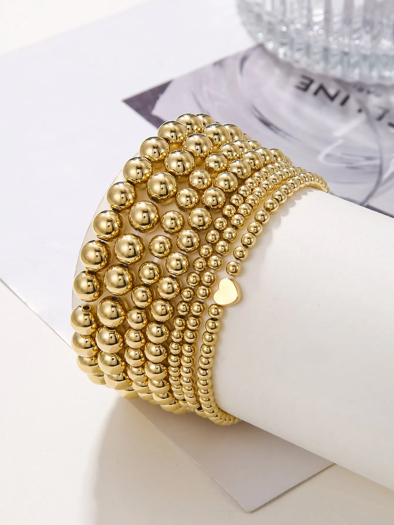 6pcs/set Heart Decor Gold-tone Beaded Bracelet Creative Jewelry Stackable