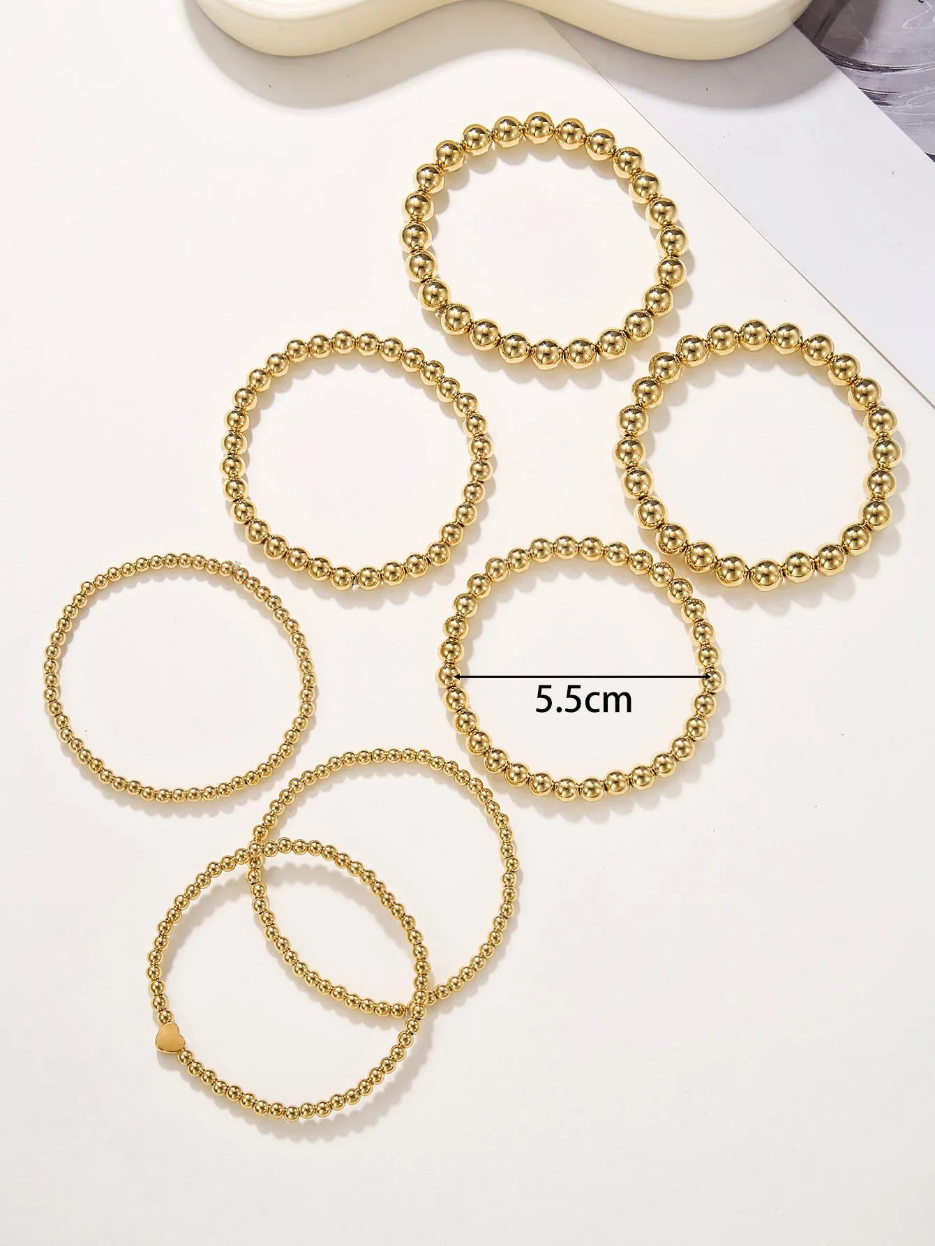 6pcs/set Heart Decor Gold-tone Beaded Bracelet Creative Jewelry Stackable