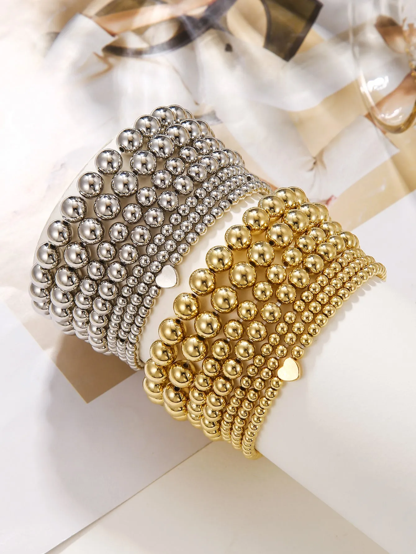 6pcs/set Heart Decor Gold-tone Beaded Bracelet Creative Jewelry Stackable