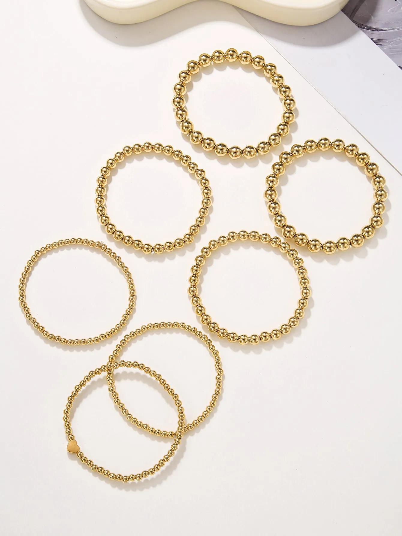6pcs/set Heart Decor Gold-tone Beaded Bracelet Creative Jewelry Stackable