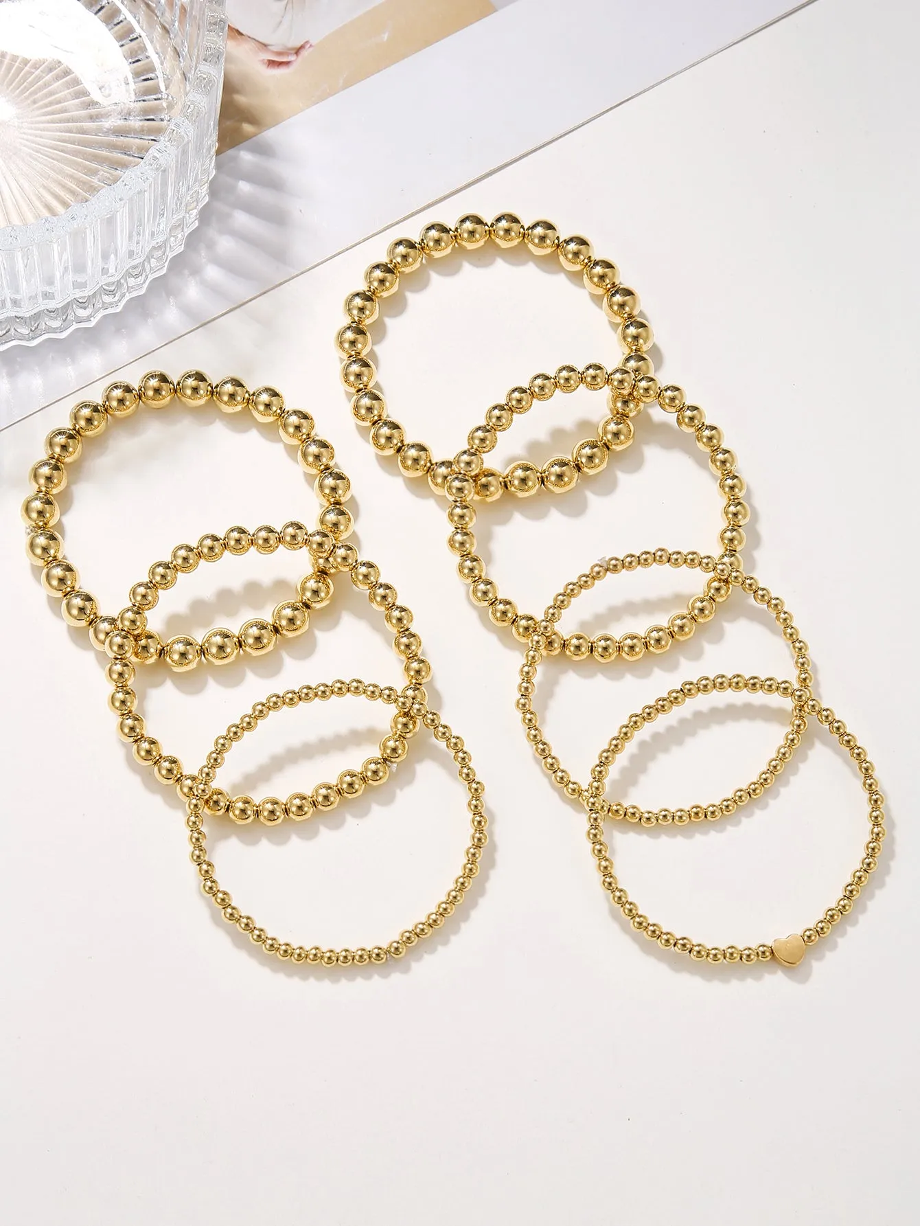 6pcs/set Heart Decor Gold-tone Beaded Bracelet Creative Jewelry Stackable