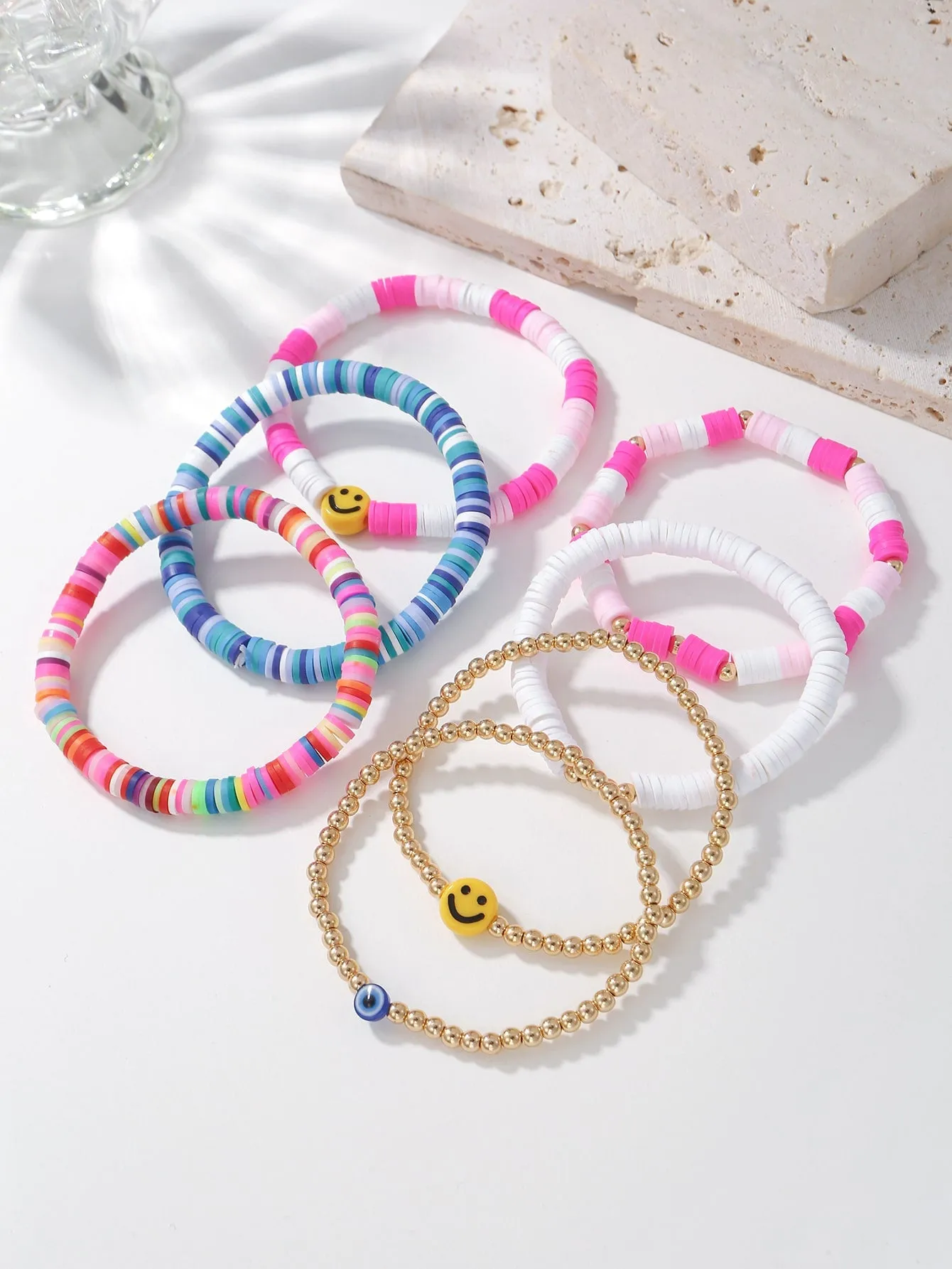 7pcs Expression Decor Flat Beads Beaded Bracelet Women Bracelet Stackable