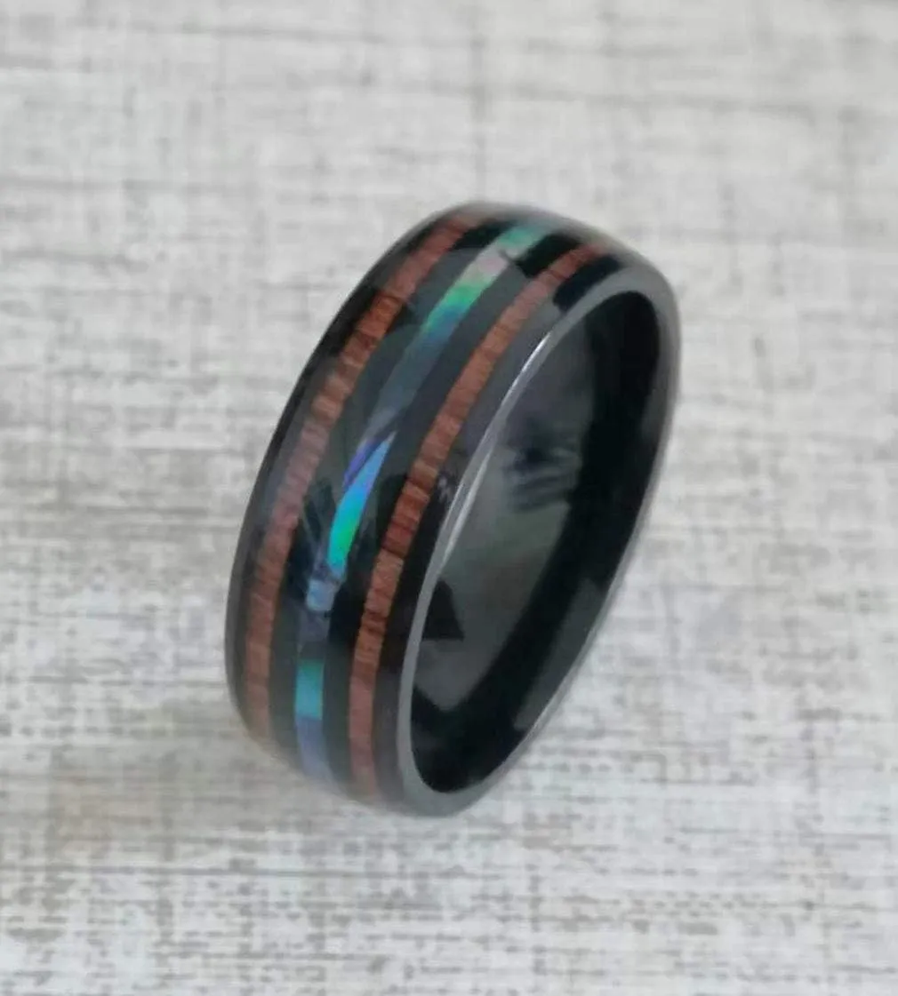 8mm Hawaiian Koa Wood and Abalone Shell Stainless Steel Rings Wedding Bands for Men Comfort Fit