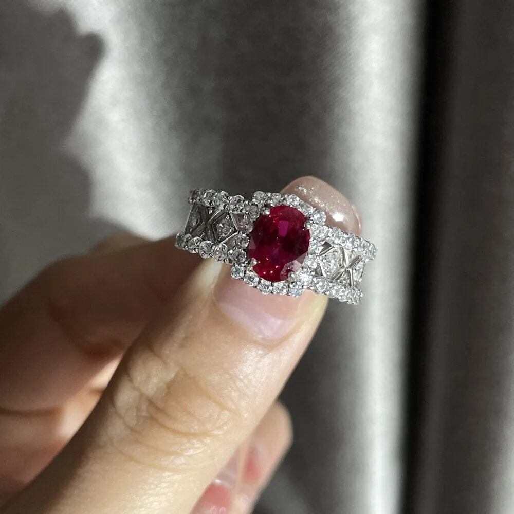 925 Sterling Silver 1.5CT Oval Cut Ruby Diamond Ring