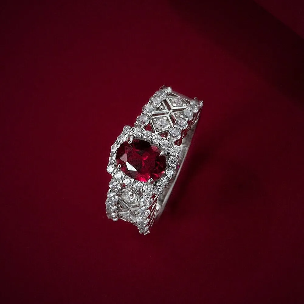 925 Sterling Silver 1.5CT Oval Cut Ruby Diamond Ring