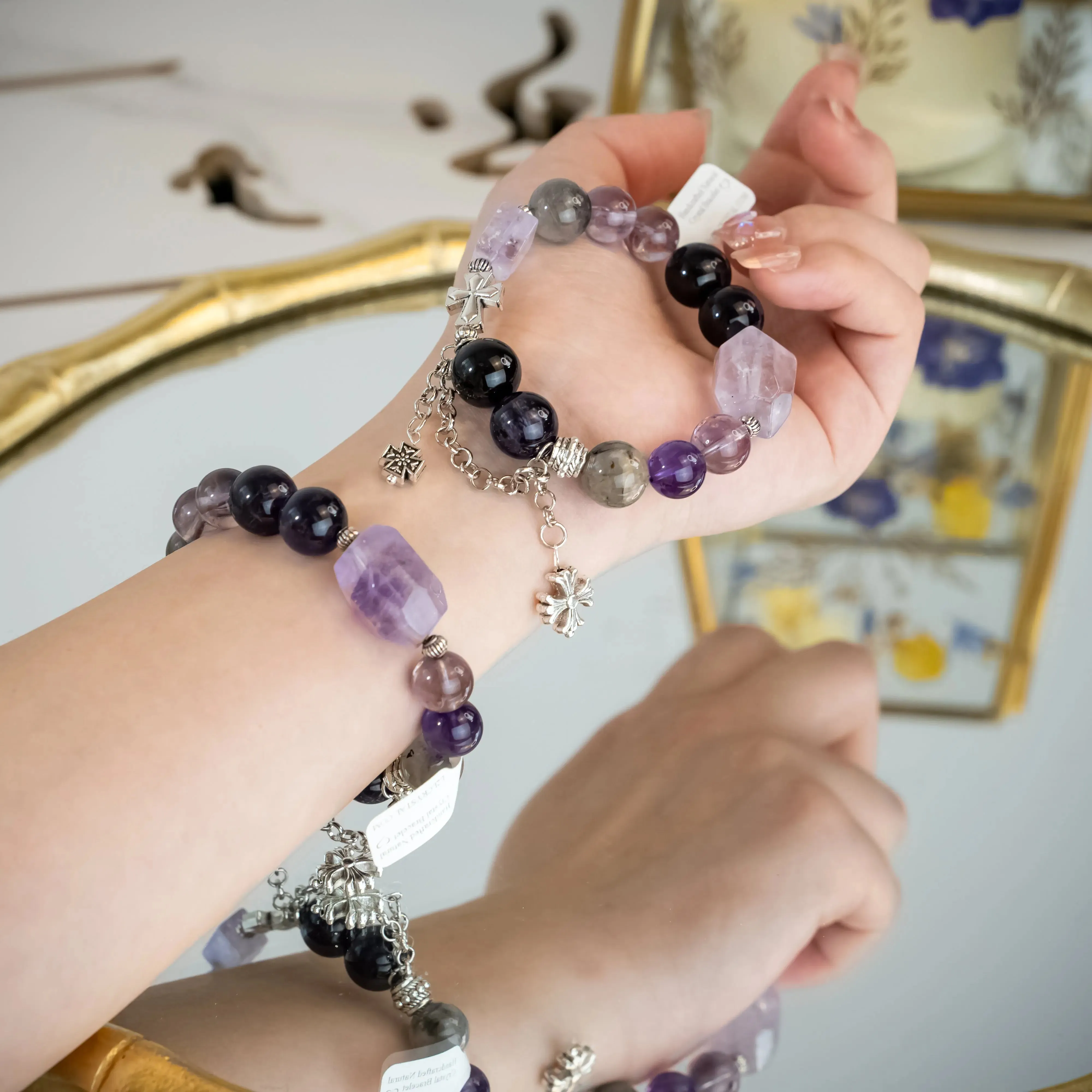 Amethyst Herkimer Diamond Chrome Hearts Bracelet