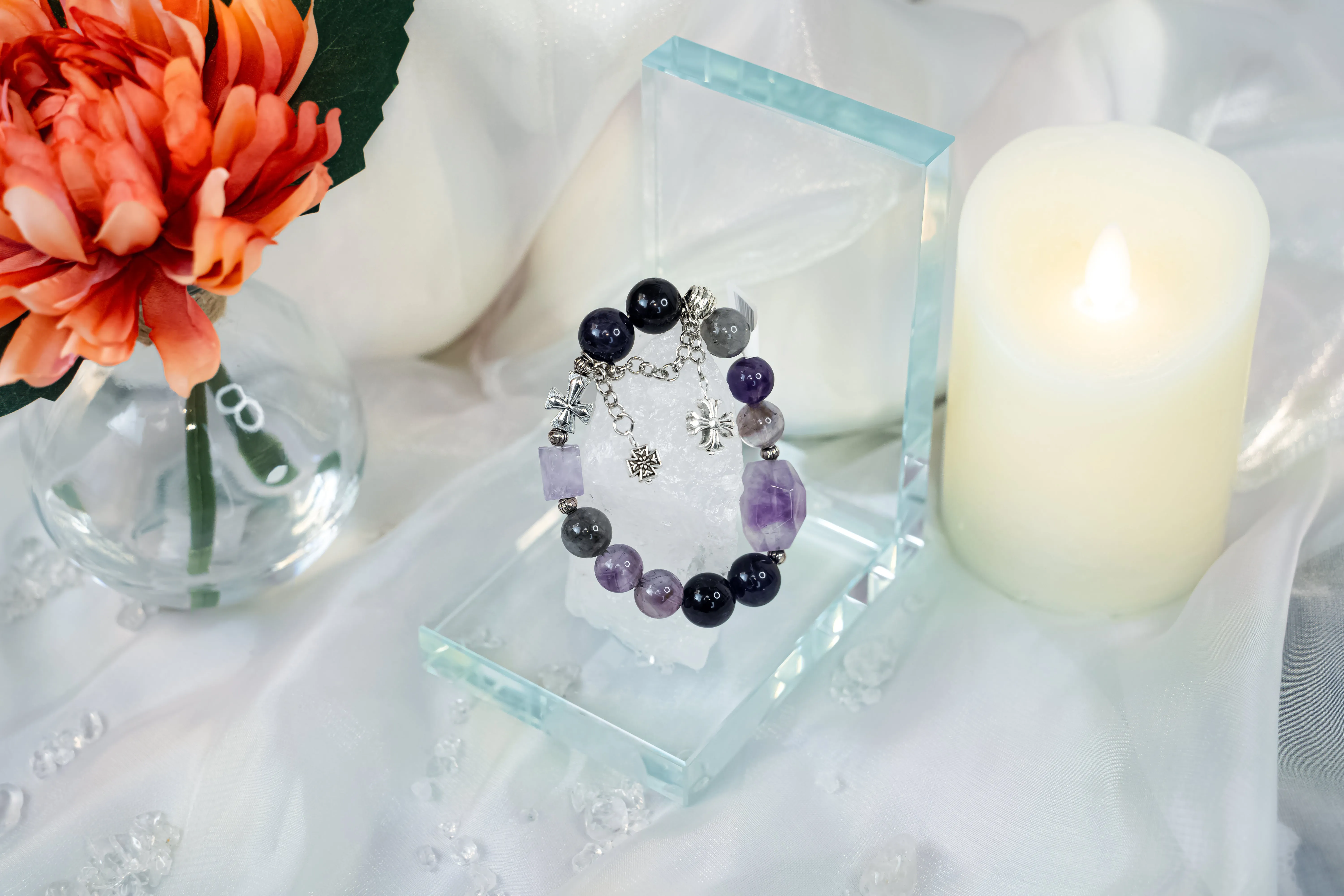 Amethyst Herkimer Diamond Chrome Hearts Bracelet