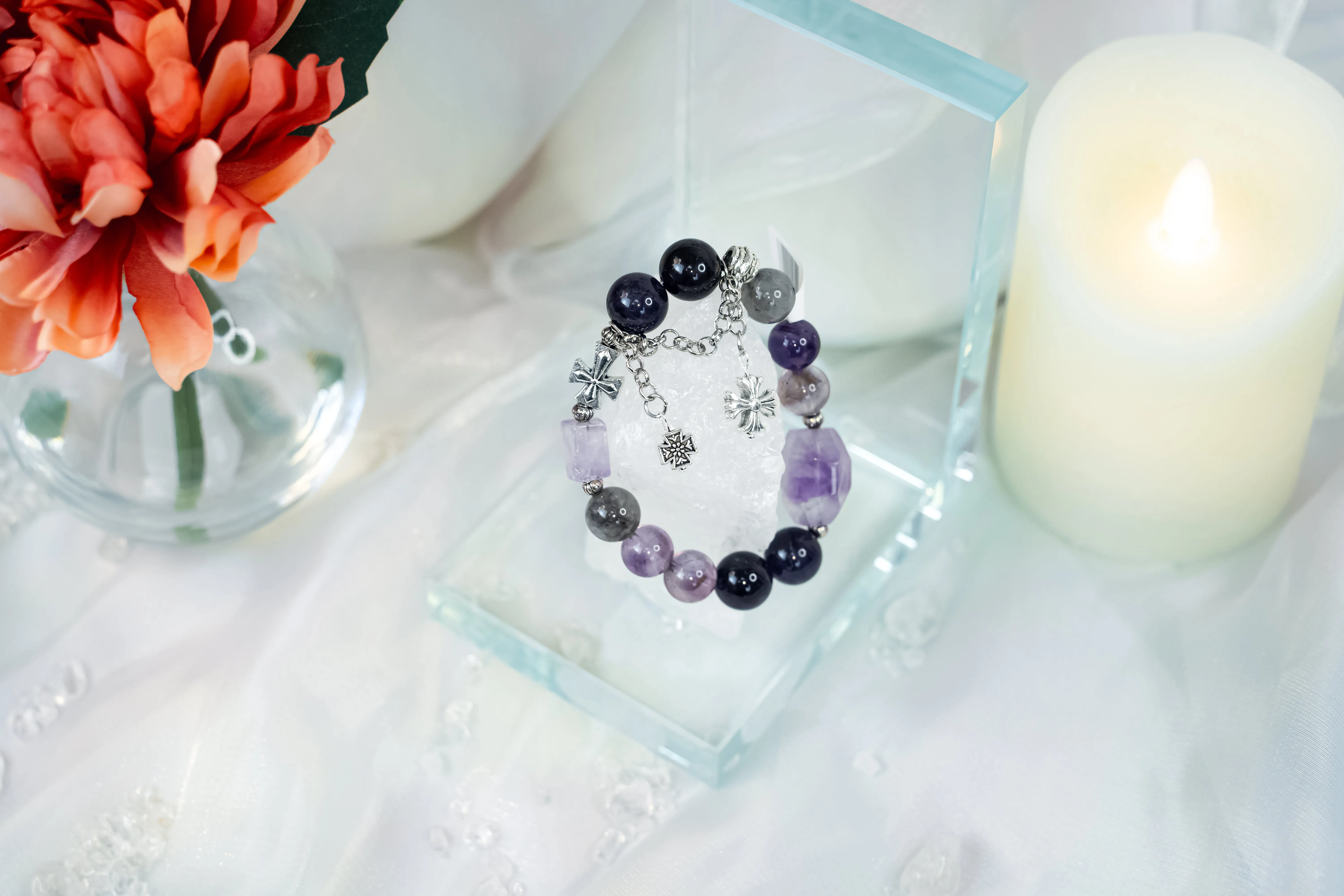 Amethyst Herkimer Diamond Chrome Hearts Bracelet