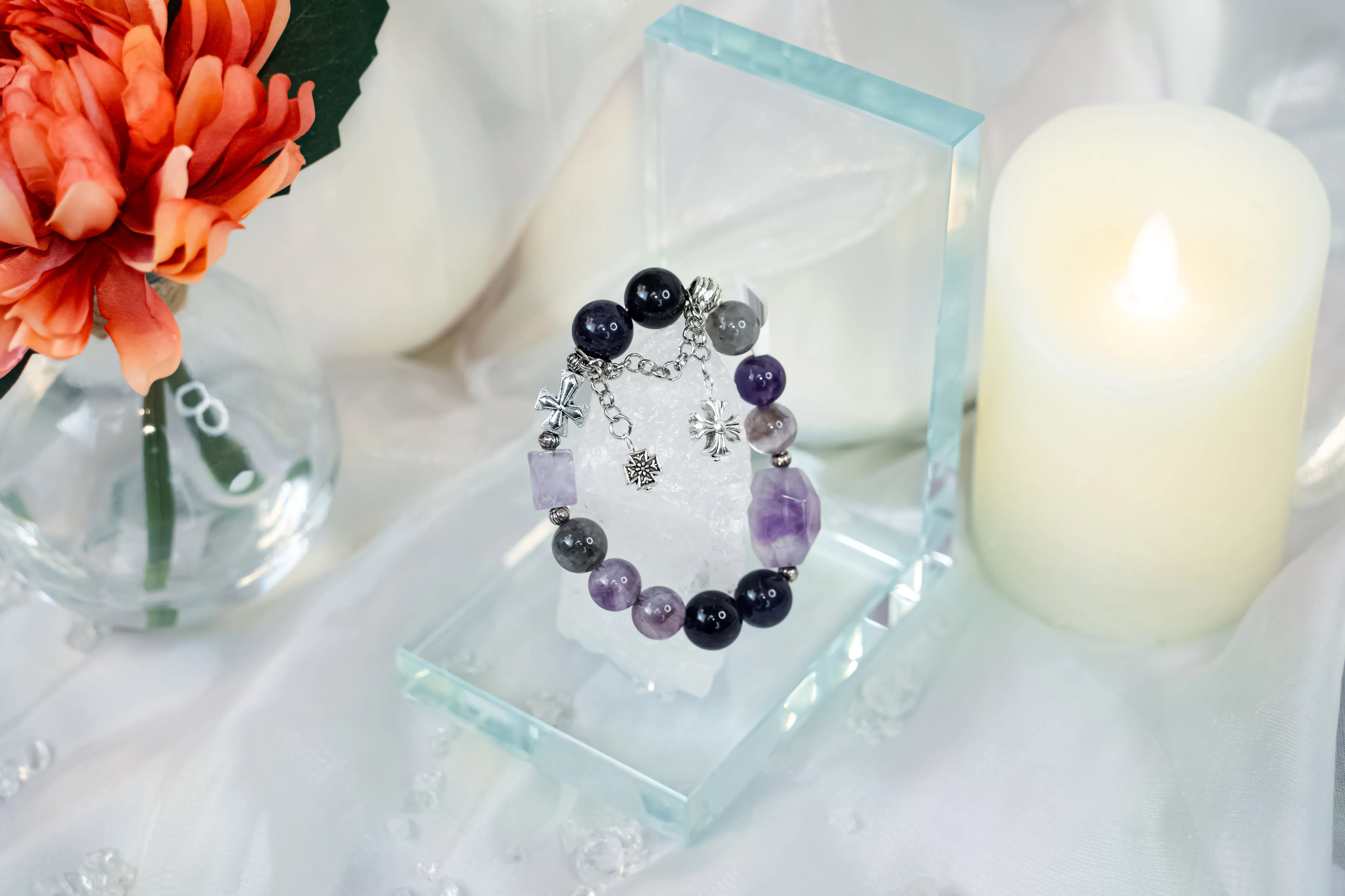 Amethyst Herkimer Diamond Chrome Hearts Bracelet