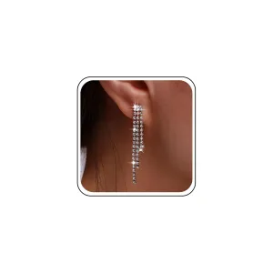 Andelaisi Boho Rhinestone Tassel Earrings Silver Long Crystal Chain Earrings Long Crystal Cz Drop Earrings Vintage Cz Tassels Chain Earrings Wedding Chandeliers Dangle Earrings Jewelry for Women