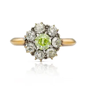 Antique green-yellow diamond cluster engagement ring