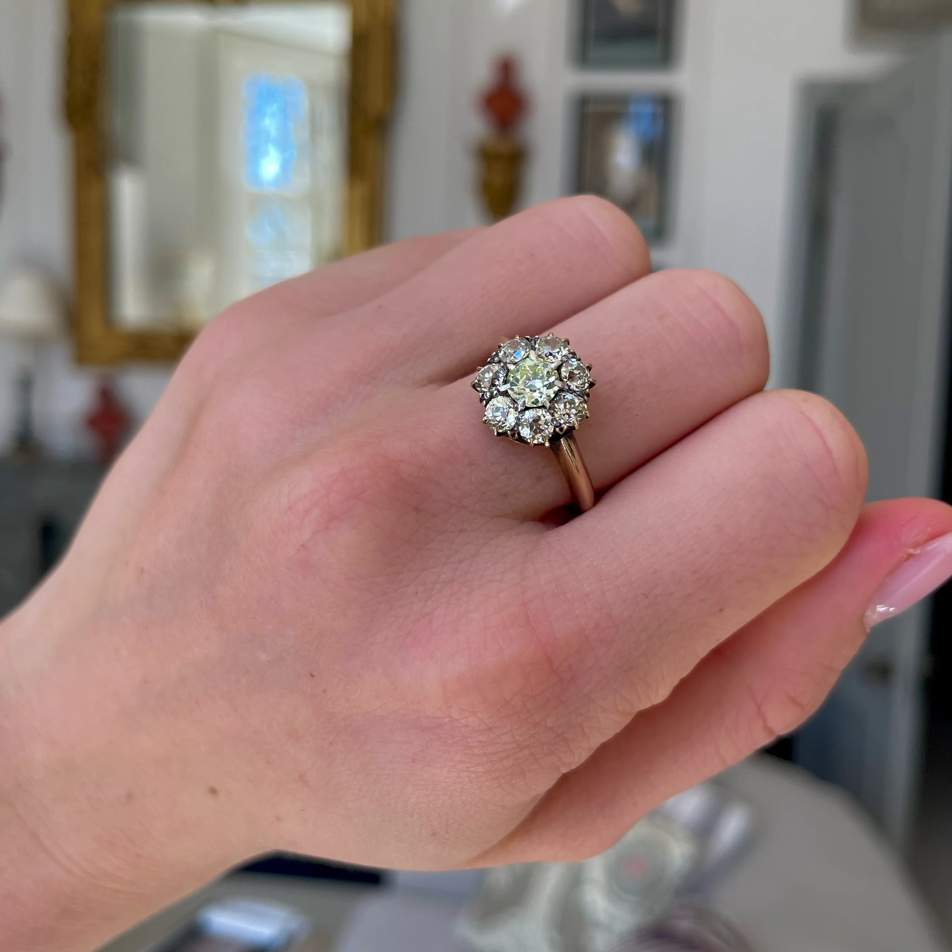 Antique green-yellow diamond cluster engagement ring