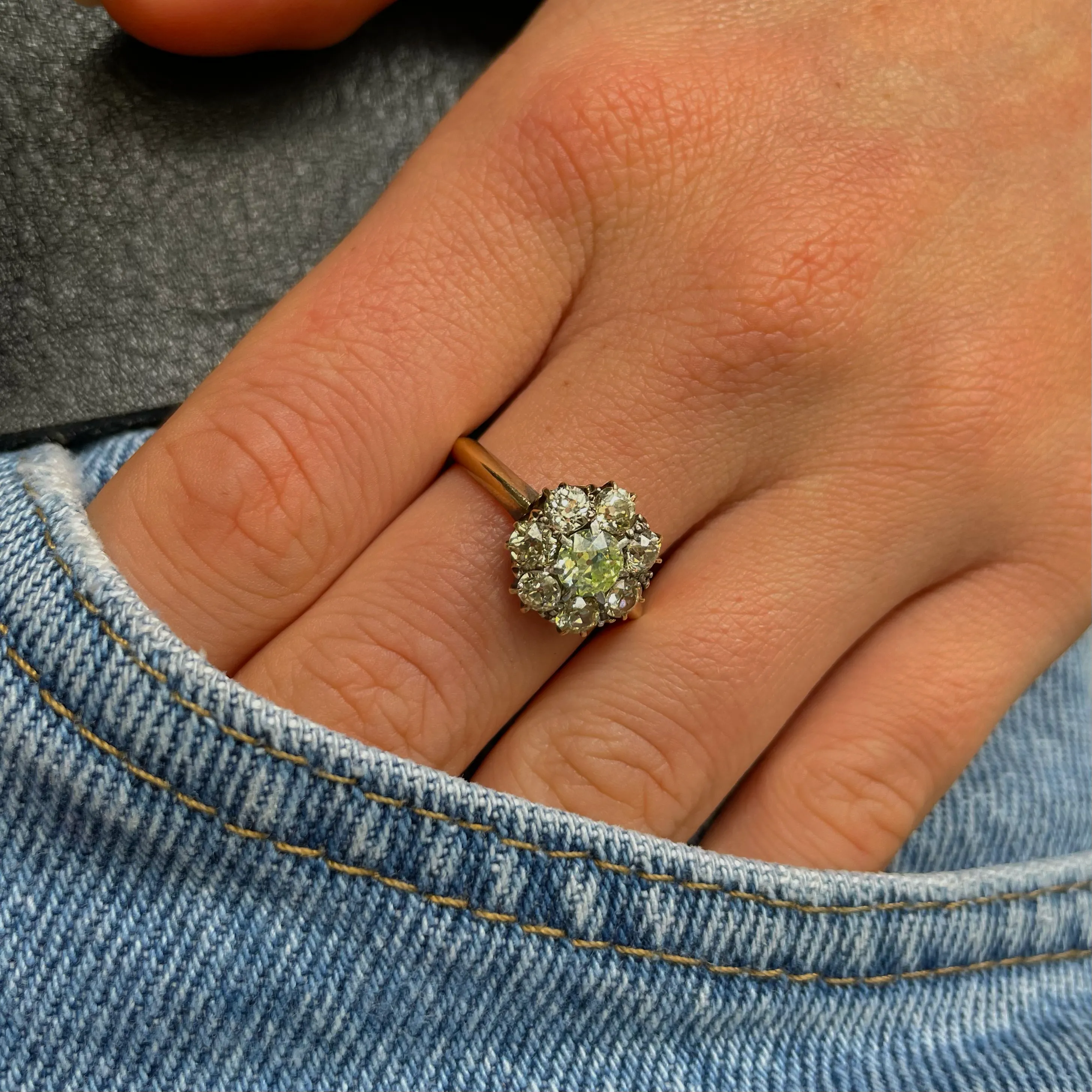 Antique green-yellow diamond cluster engagement ring