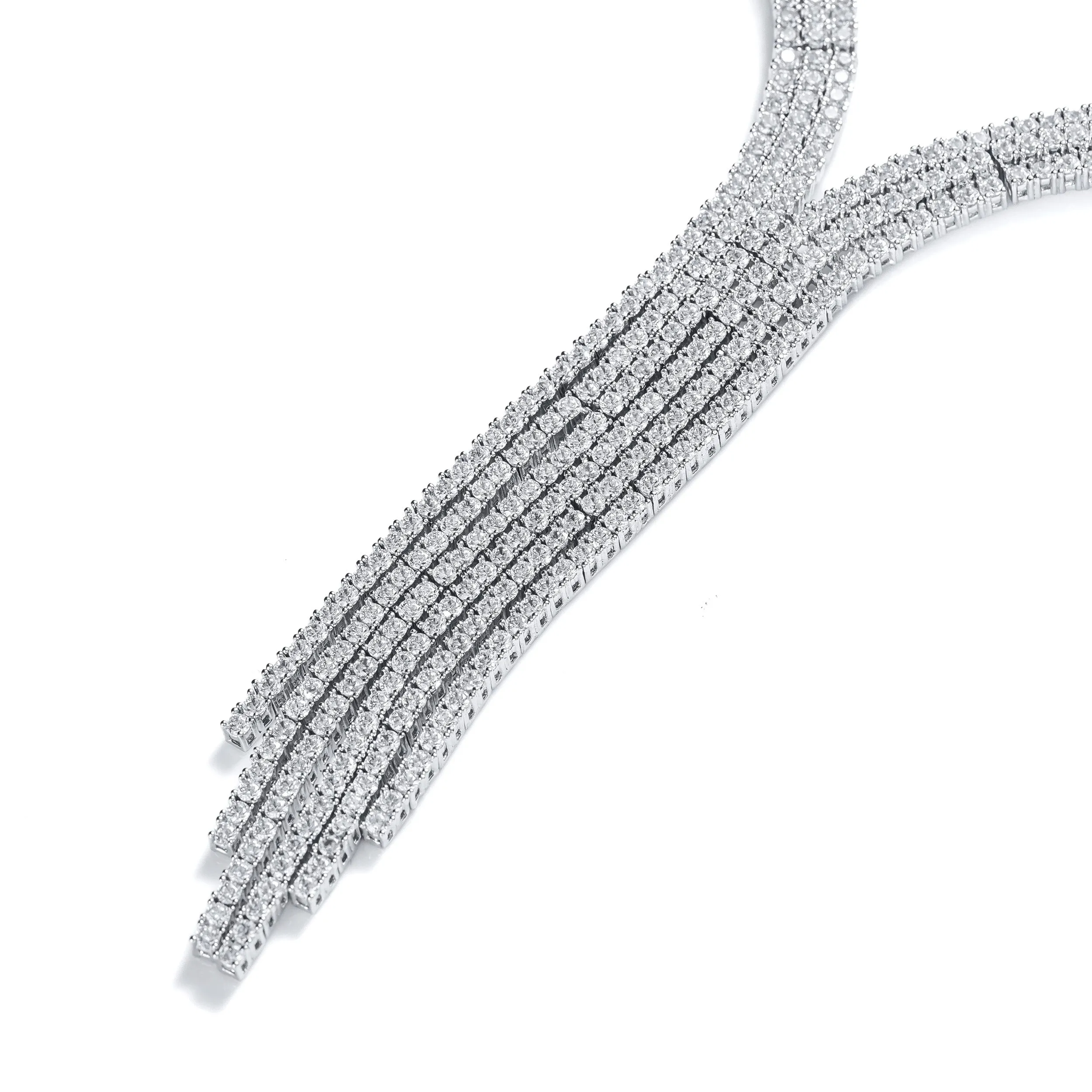Art Deco Y Fringe Tassel Collar Necklace with Cubic Zirconia Silver Plated