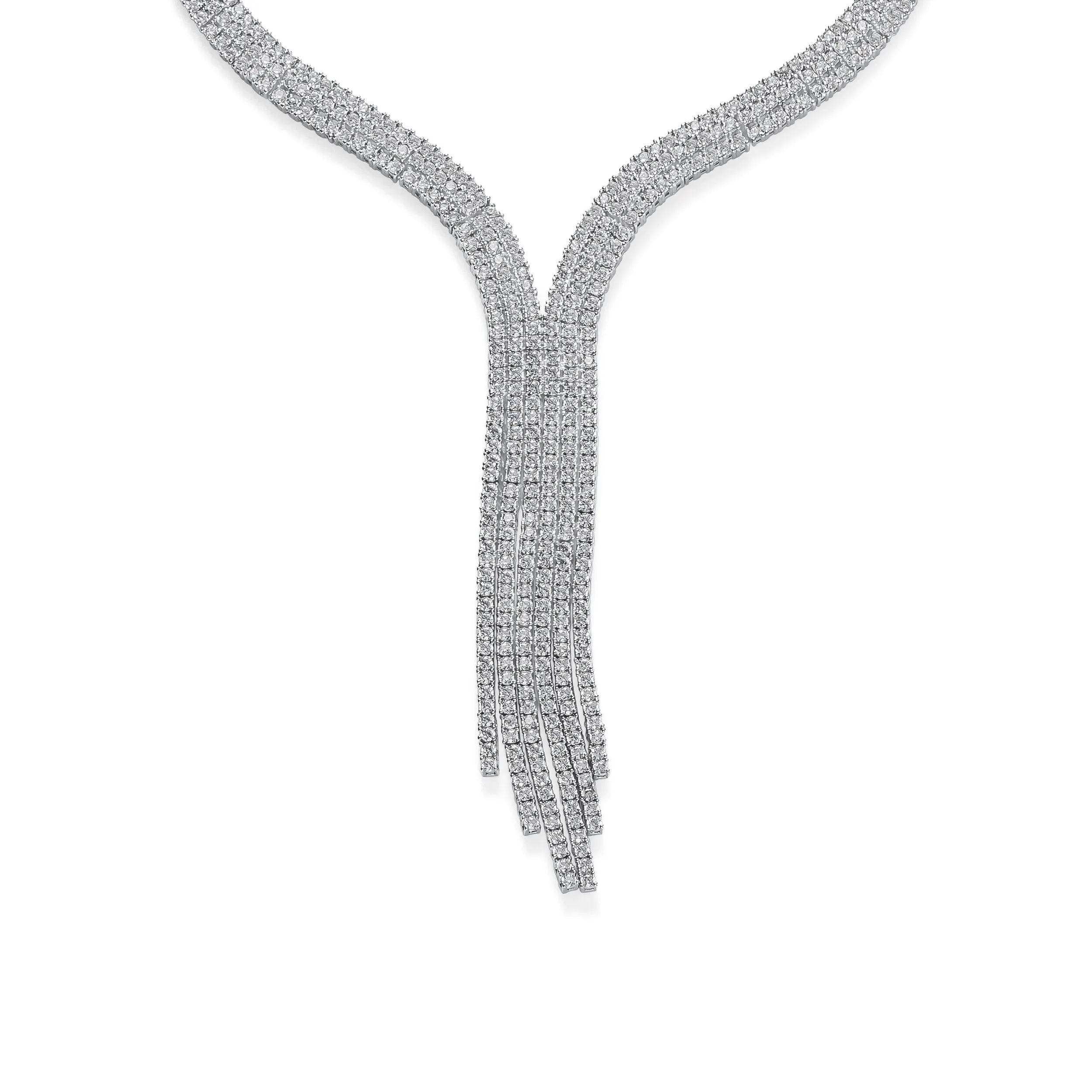 Art Deco Y Fringe Tassel Collar Necklace with Cubic Zirconia Silver Plated
