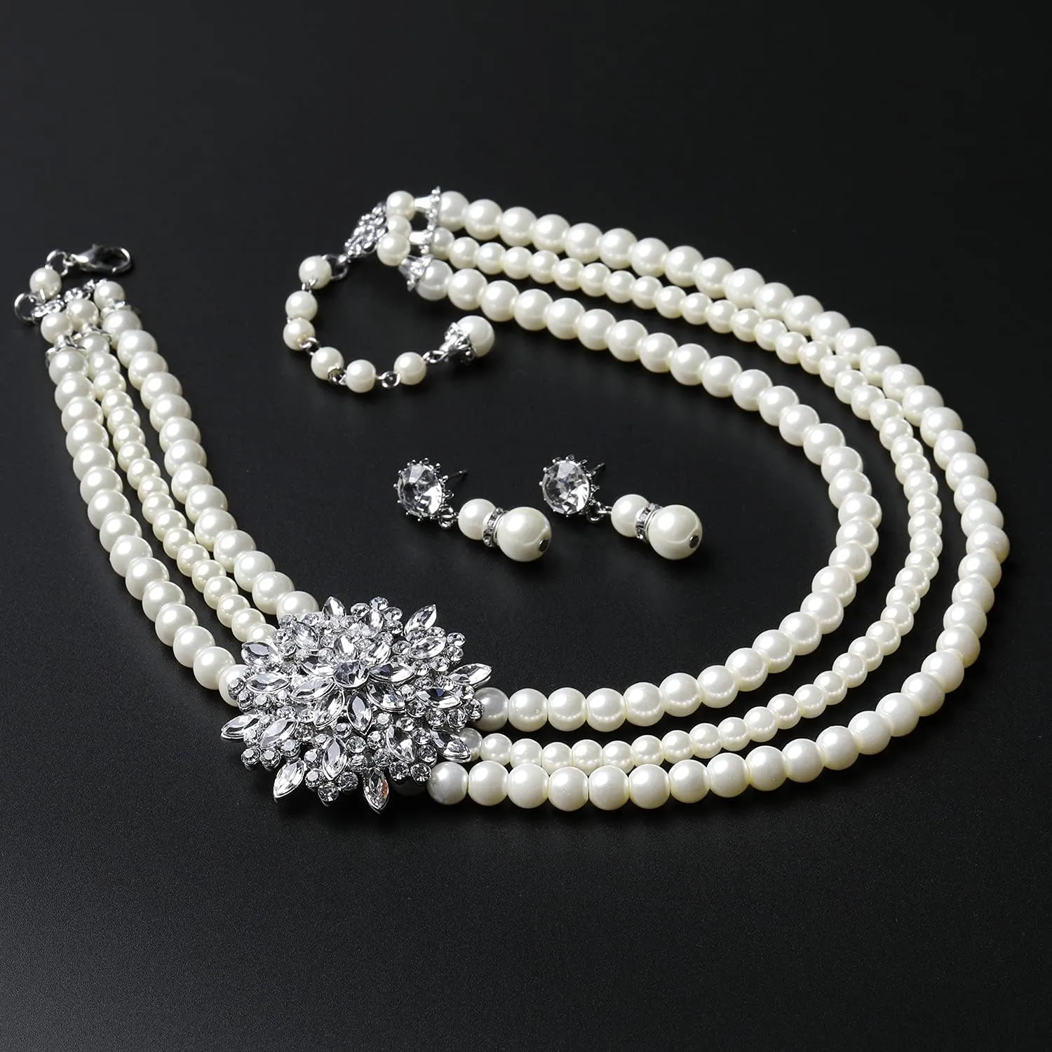BABEYOND 1920s Gatsby Pearl Necklace Vintage Bridal Pearl Necklace Earrings Jewelry Set Multilayer Imitation Pearl Necklace with Brooch