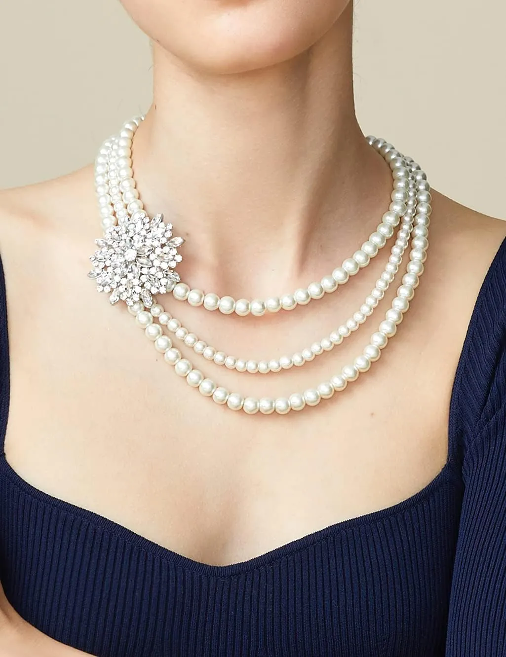 BABEYOND 1920s Gatsby Pearl Necklace Vintage Bridal Pearl Necklace Earrings Jewelry Set Multilayer Imitation Pearl Necklace with Brooch