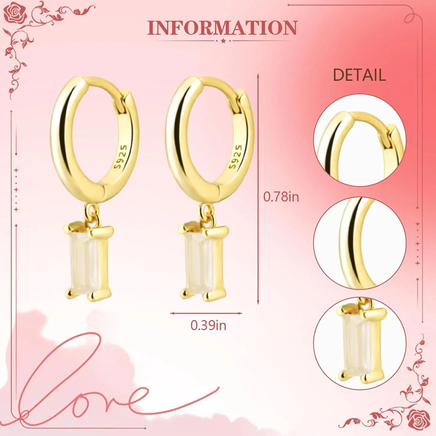 Baguette Drop Huggie Hoop Earrings, Natural Crystal Dangle Drop Earrings, 14K Gold Plated Hypoallergenic Small Hoop Drop Earrings for Women Girls Gifts (White)