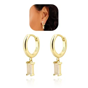 Baguette Drop Huggie Hoop Earrings, Natural Crystal Dangle Drop Earrings, 14K Gold Plated Hypoallergenic Small Hoop Drop Earrings for Women Girls Gifts (White)