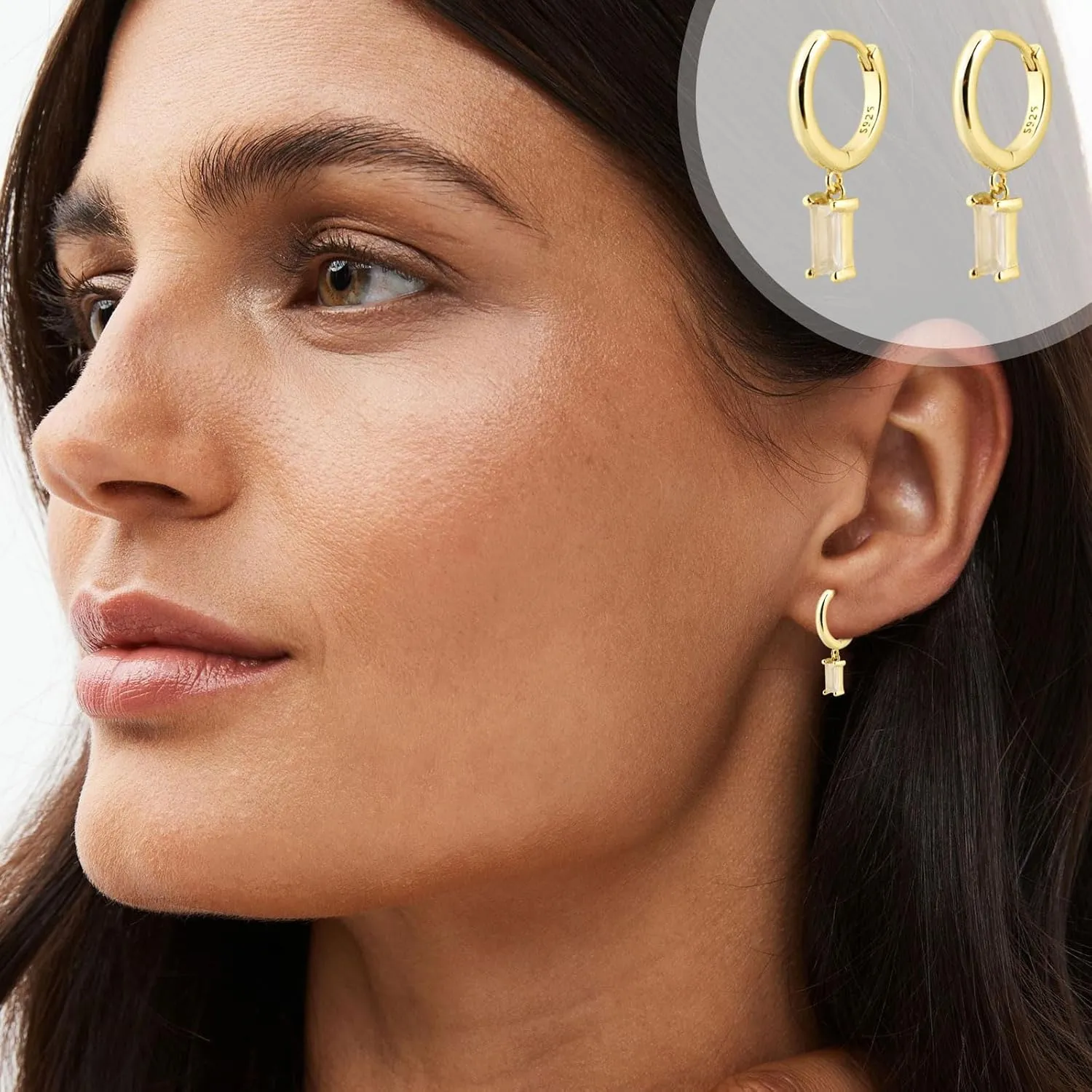 Baguette Drop Huggie Hoop Earrings, Natural Crystal Dangle Drop Earrings, 14K Gold Plated Hypoallergenic Small Hoop Drop Earrings for Women Girls Gifts (White)