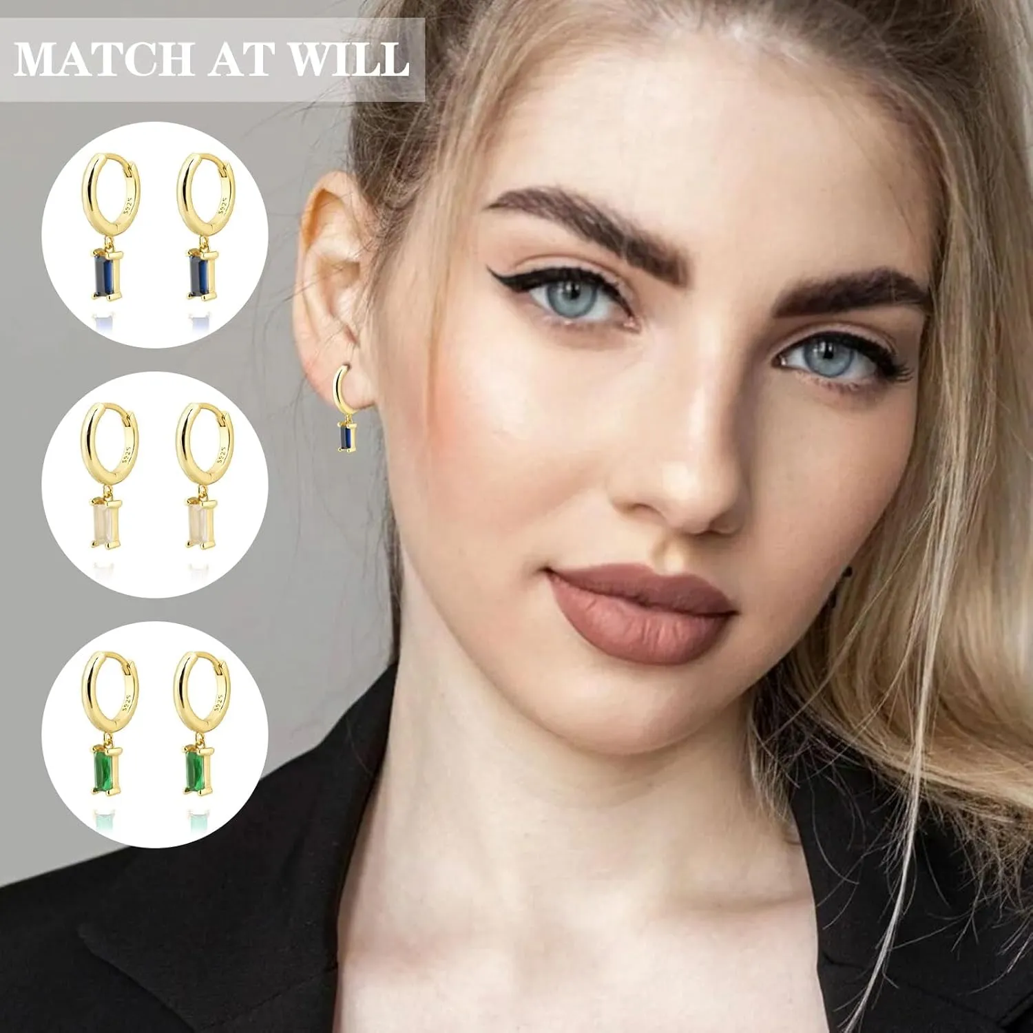 Baguette Drop Huggie Hoop Earrings, Natural Crystal Dangle Drop Earrings, 14K Gold Plated Hypoallergenic Small Hoop Drop Earrings for Women Girls Gifts (White)