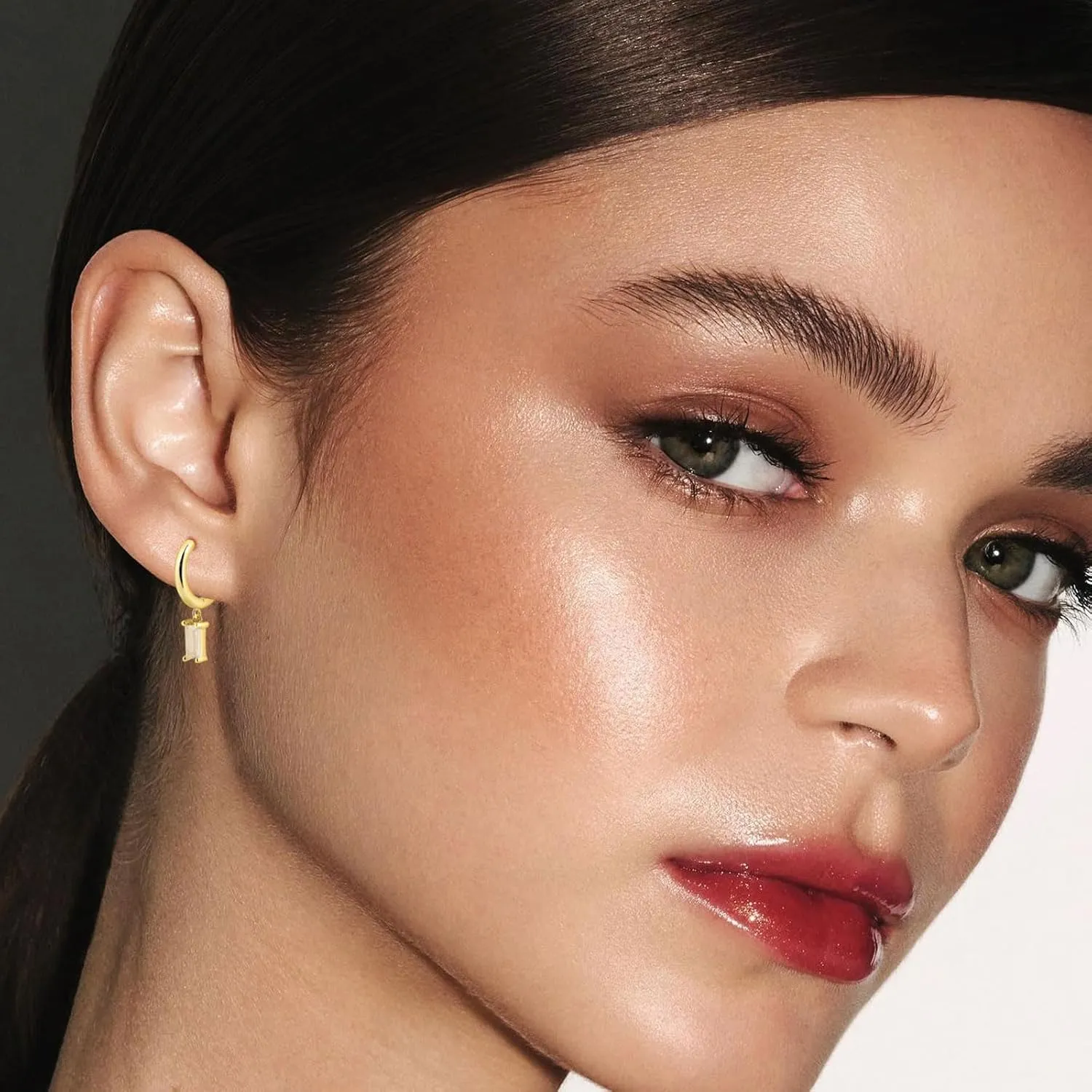 Baguette Drop Huggie Hoop Earrings, Natural Crystal Dangle Drop Earrings, 14K Gold Plated Hypoallergenic Small Hoop Drop Earrings for Women Girls Gifts (White)