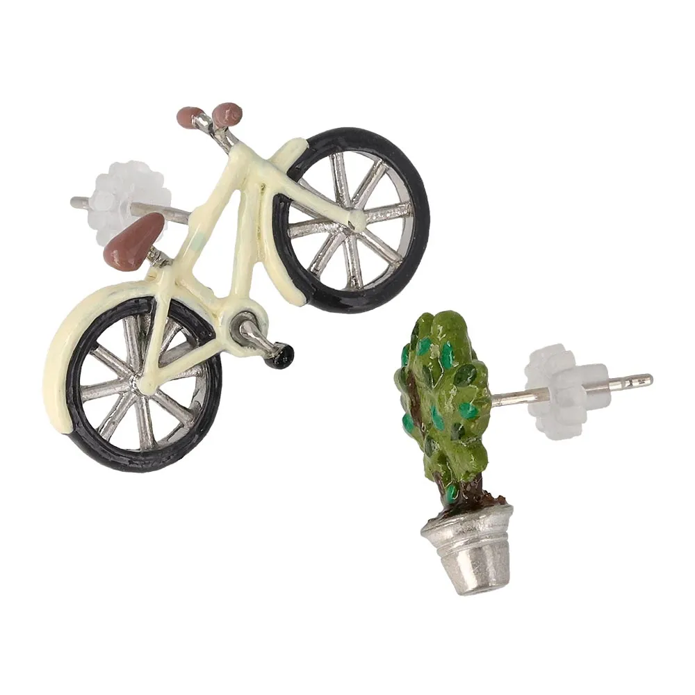 Bicycle and Tree Asymmetric Earrings