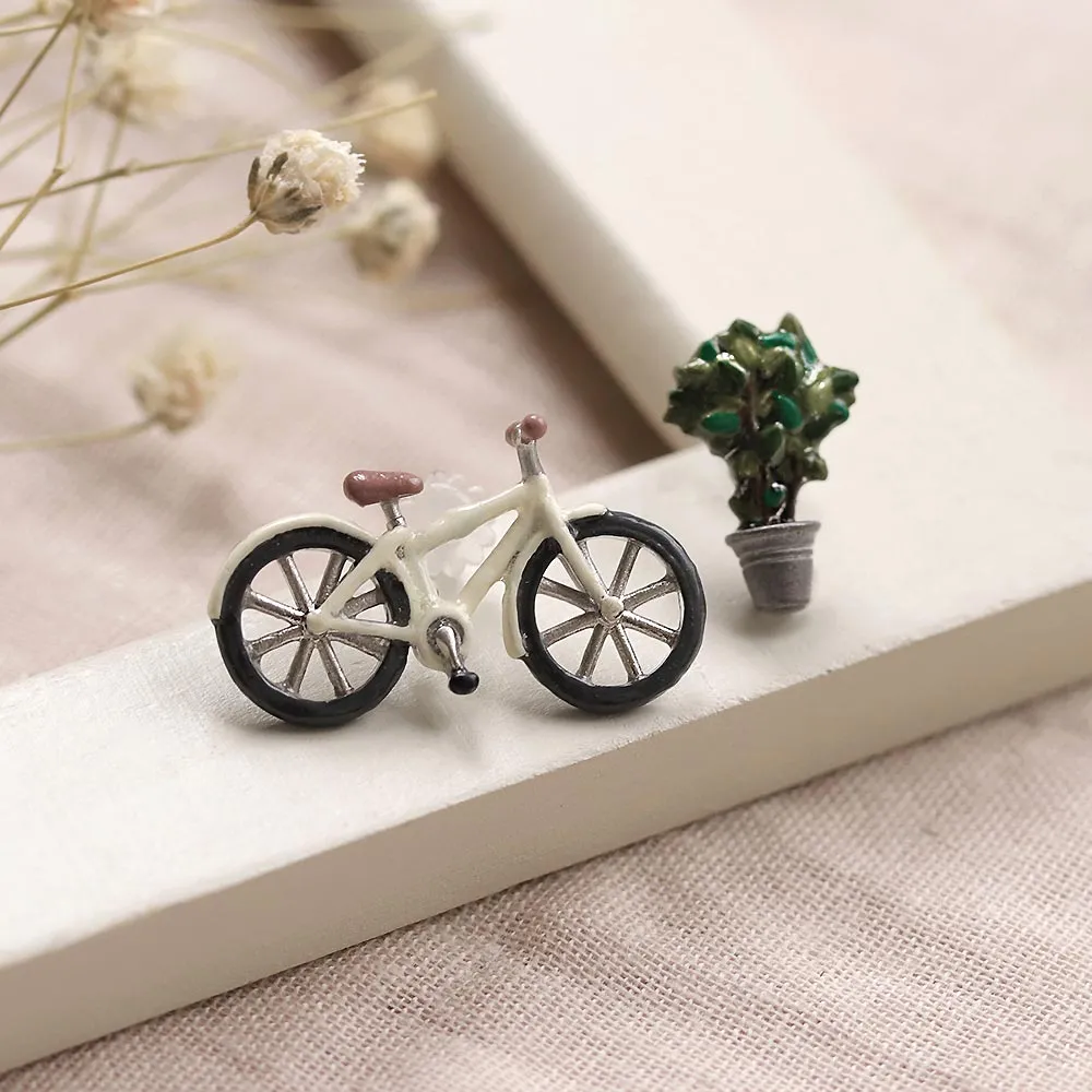 Bicycle and Tree Asymmetric Earrings