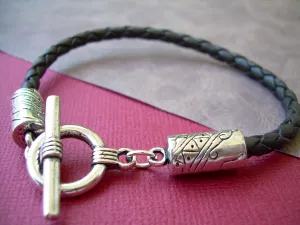 Black Braided Leather Bracelet with Patterned Toggle Clasp