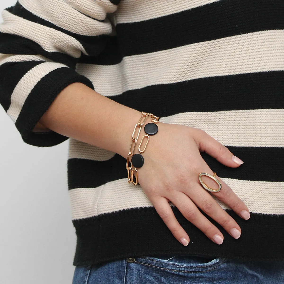 Black Double Layer Mixed Media Bracelet