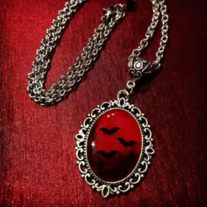 Black/Red Silver Colored Necklace w/ Bat Cameo