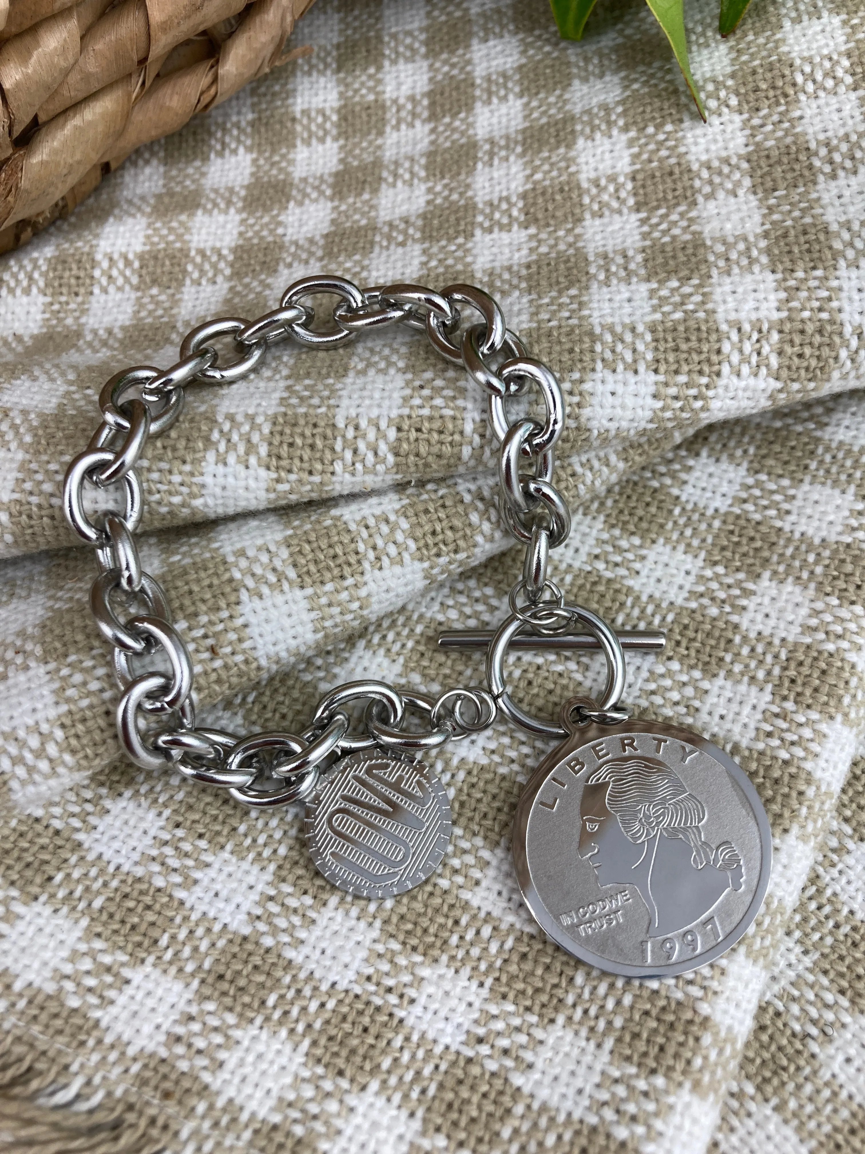 Bracelet Chain with Liberty Charm Silver Stainless Steel 18k Gold Plated