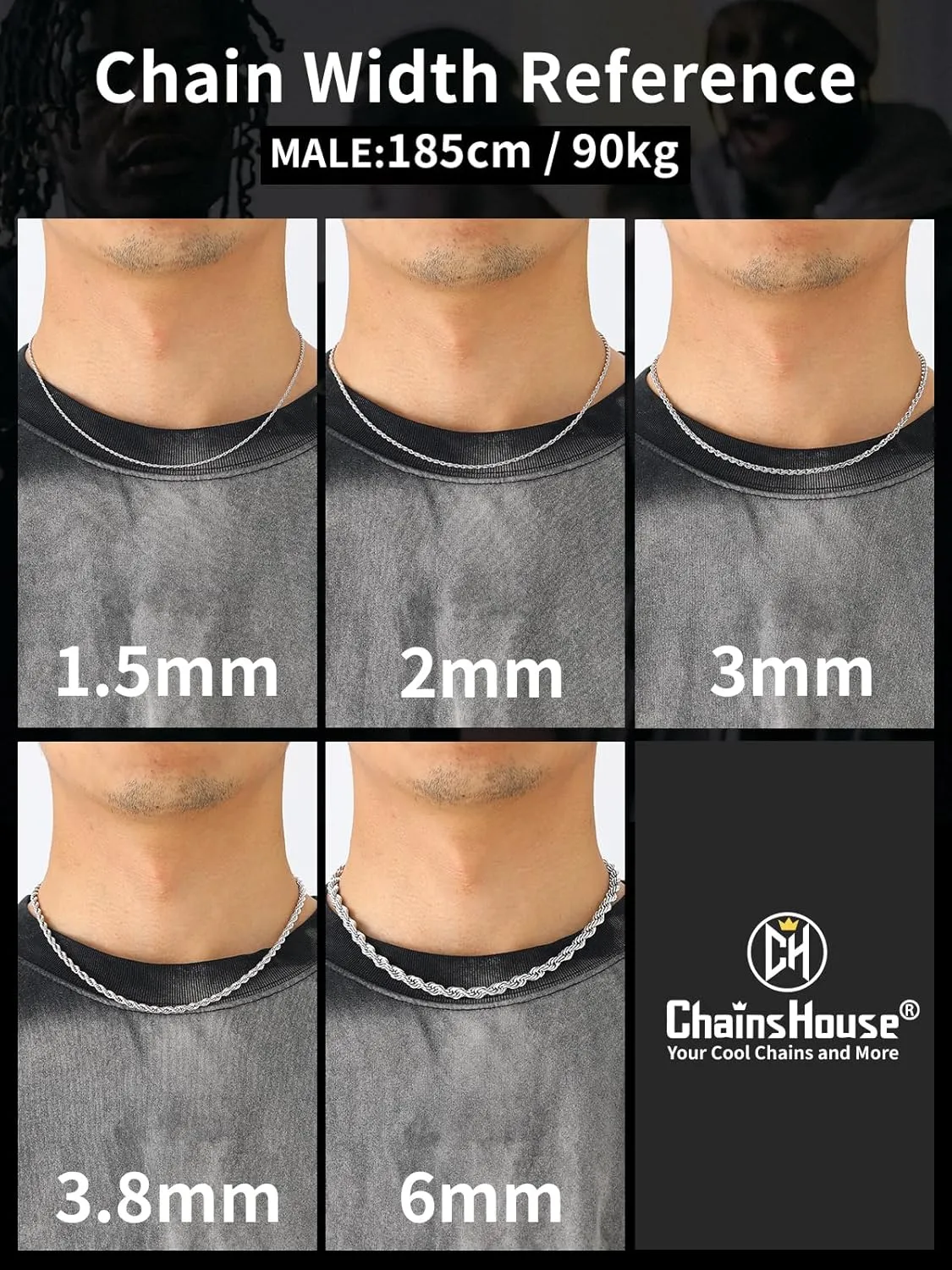 ChainsHouse Stainless Steel Twisted Rope Chain for Men Women, 1.5mm/2mm/3mm/3.8mm/6mm Width, Black/14K Gold Mens Rope Chains Necklace, No Tarnish & Durable Hip Hop Jewelry, 16"-30", Send Gift Box
