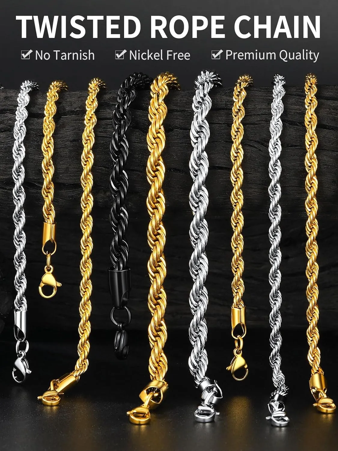 ChainsHouse Stainless Steel Twisted Rope Chain for Men Women, 1.5mm/2mm/3mm/3.8mm/6mm Width, Black/14K Gold Mens Rope Chains Necklace, No Tarnish & Durable Hip Hop Jewelry, 16"-30", Send Gift Box