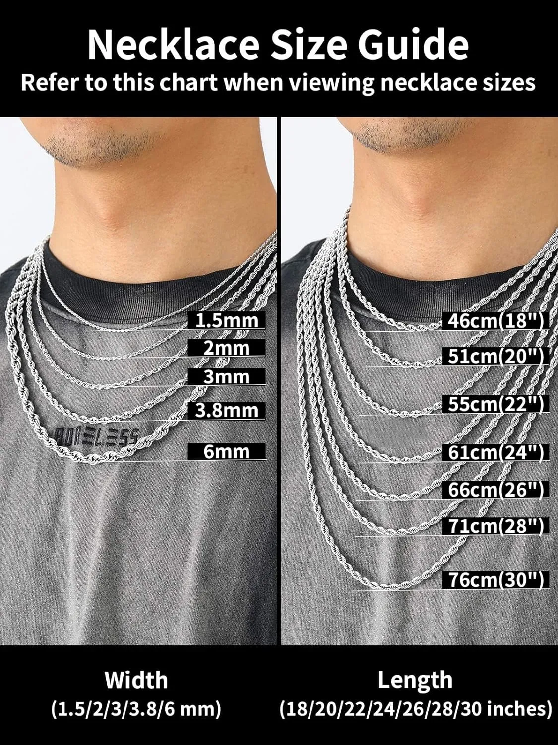 ChainsHouse Stainless Steel Twisted Rope Chain for Men Women, 1.5mm/2mm/3mm/3.8mm/6mm Width, Black/14K Gold Mens Rope Chains Necklace, No Tarnish & Durable Hip Hop Jewelry, 16"-30", Send Gift Box
