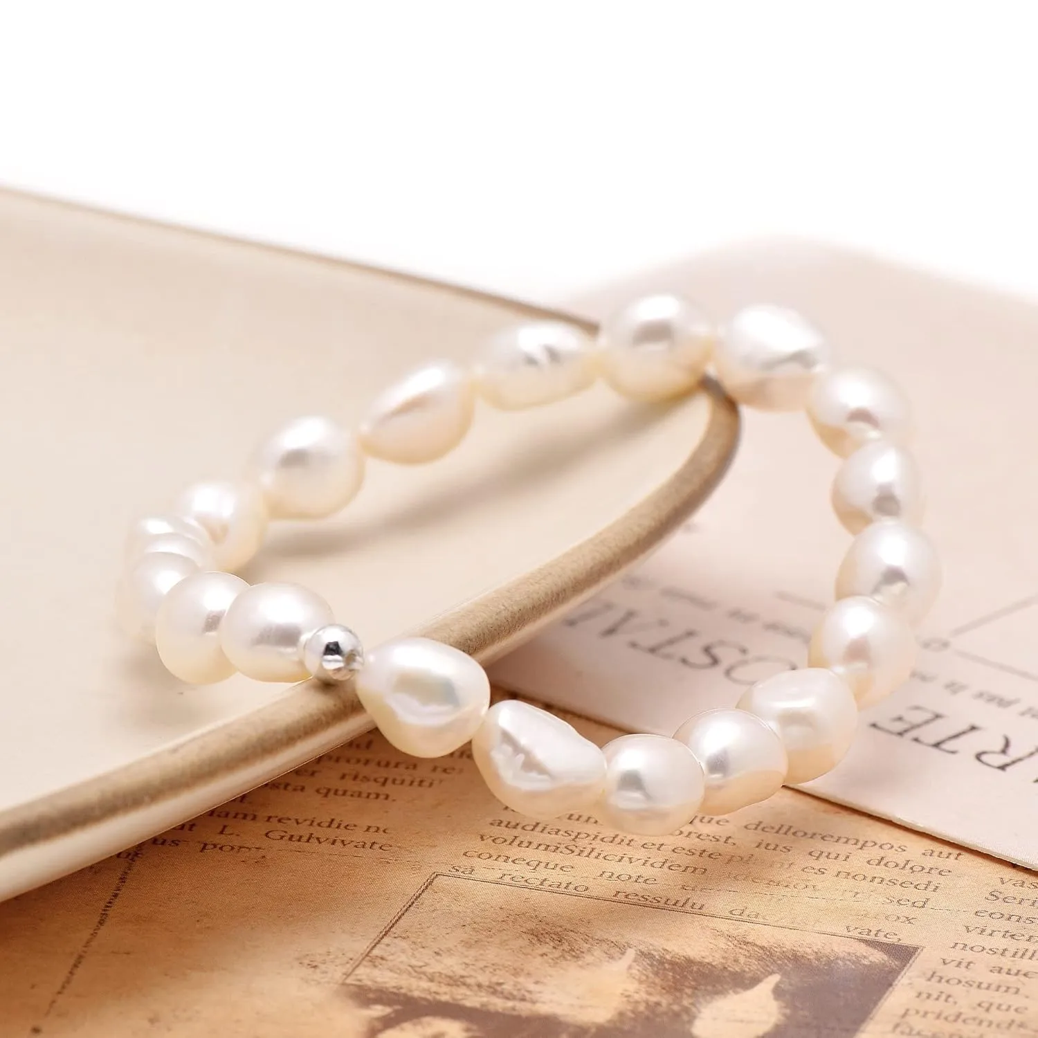 Cultured Freshwater Baroque Pearl Stretch Bracelet 8 Inch, 8-9 mm/Natural White Color