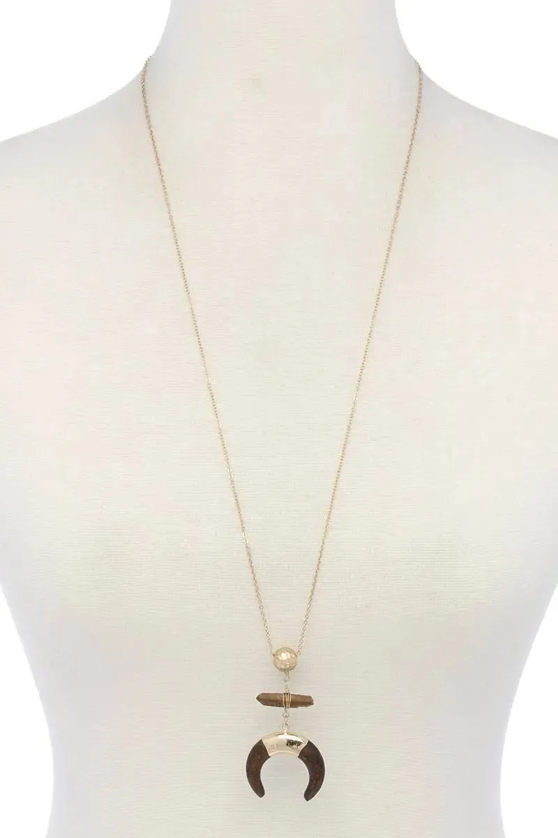 Double horn natural stone pendant necklace