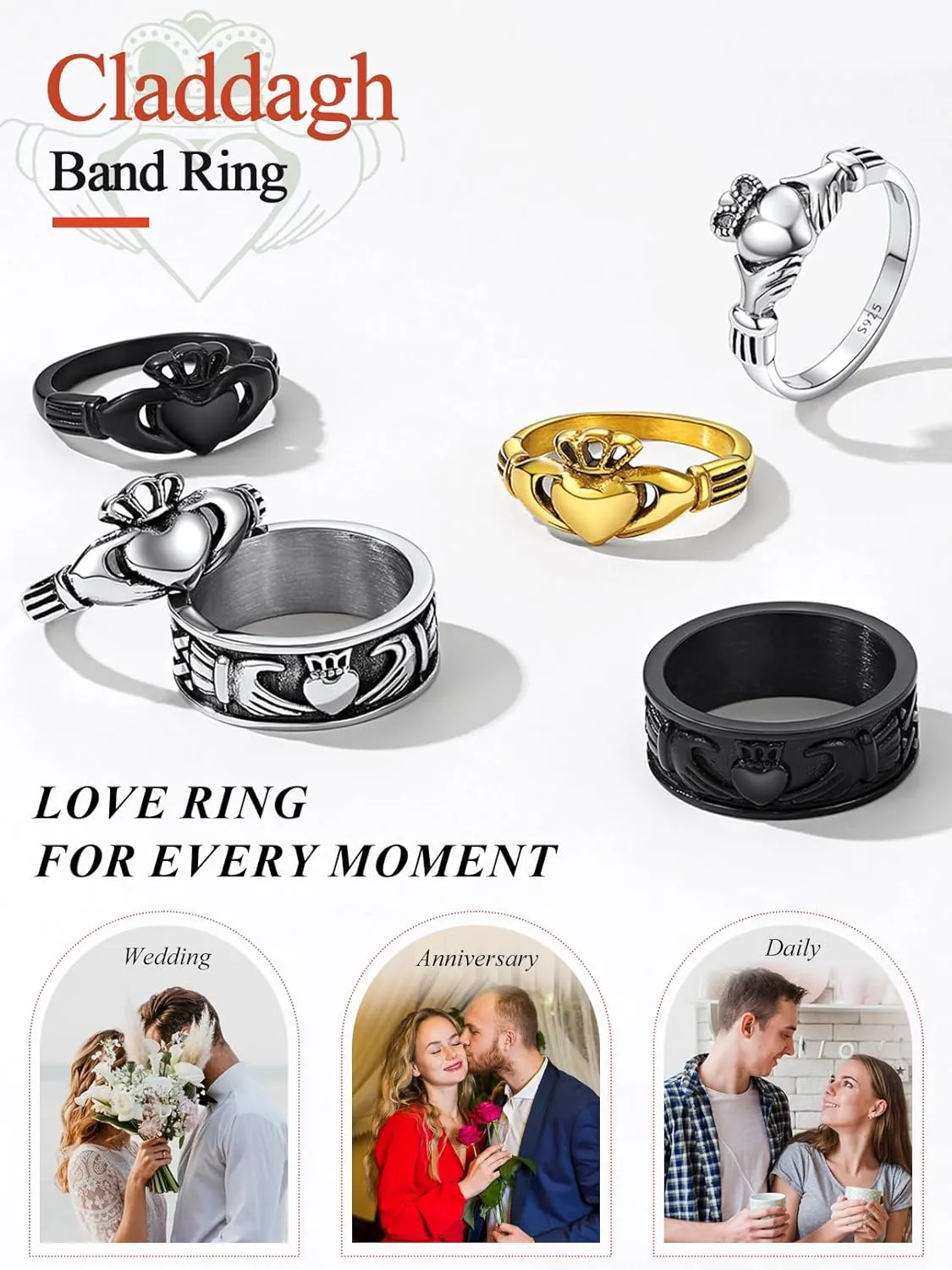 FaithHeart Claddagh Rings for Love, Stainless Steel/18K Gold Plated Women Men Wedding Band Ring Personalized Custom