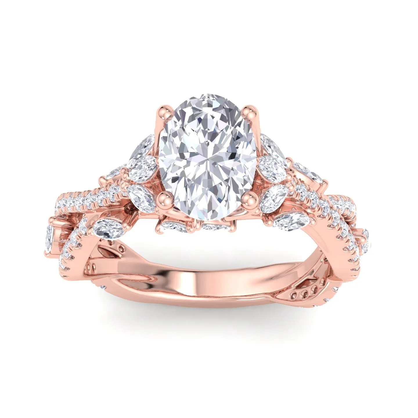 Fiorella - Oval Shape Diamond Engagement Ring with Marquise Shape Side stones and Twisted Pave Band