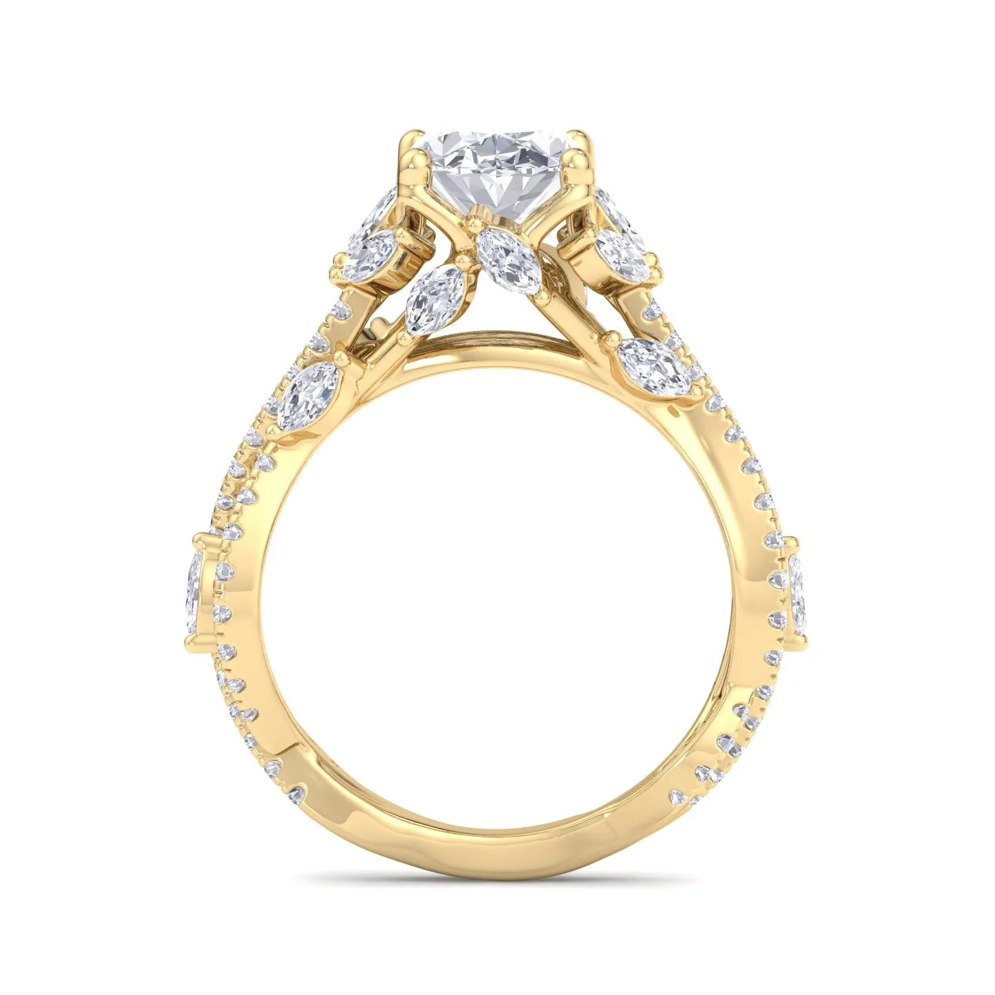 Fiorella - Oval Shape Diamond Engagement Ring with Marquise Shape Side stones and Twisted Pave Band