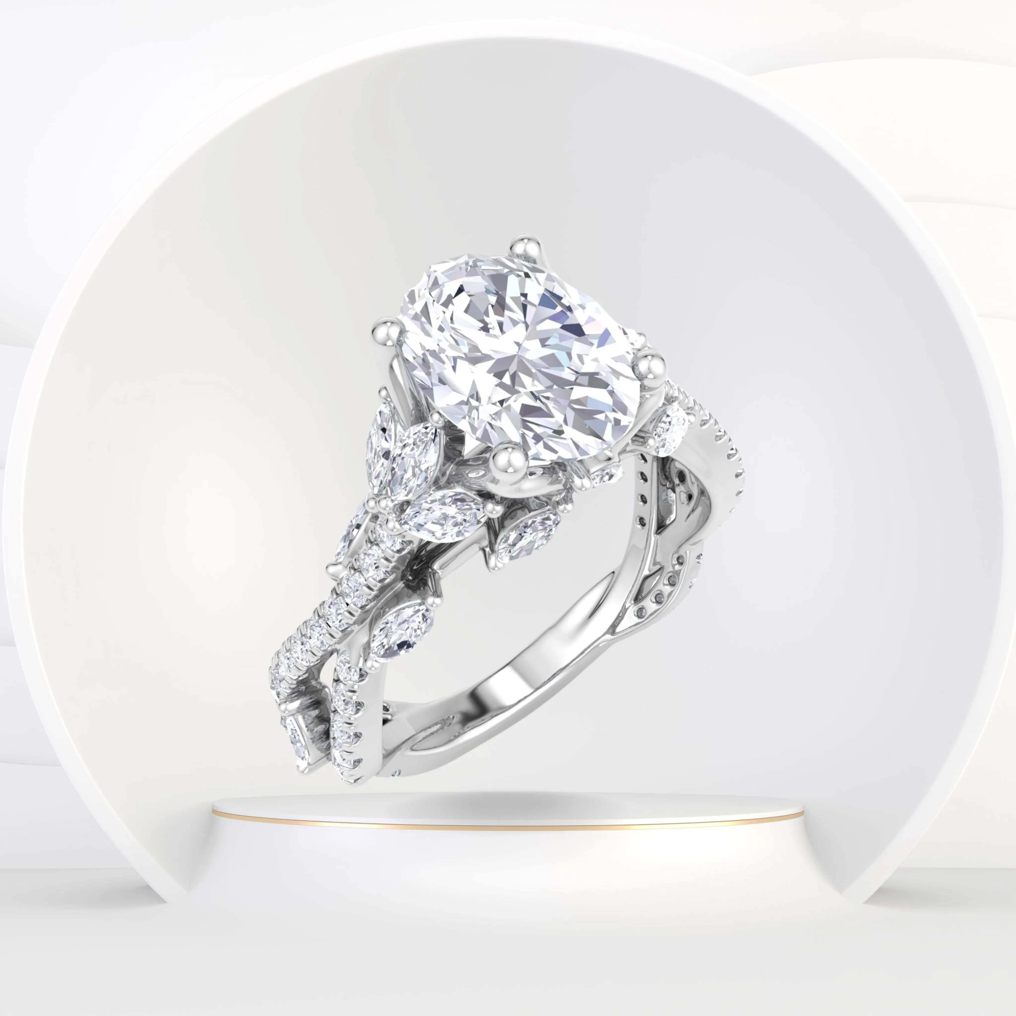 Fiorella - Oval Shape Diamond Engagement Ring with Marquise Shape Side stones and Twisted Pave Band